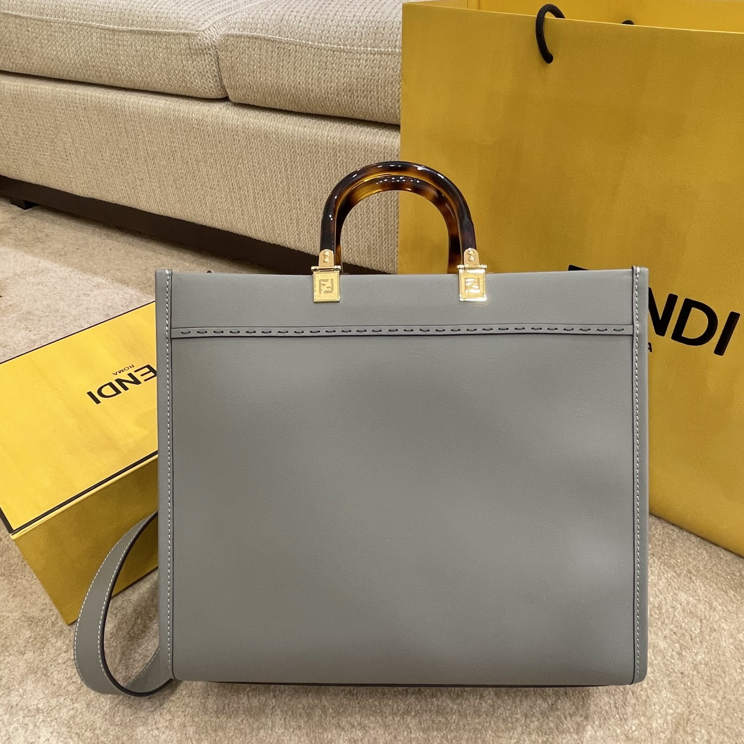 Fendi Medium Sunshine Shopper Grey Leather Bag 